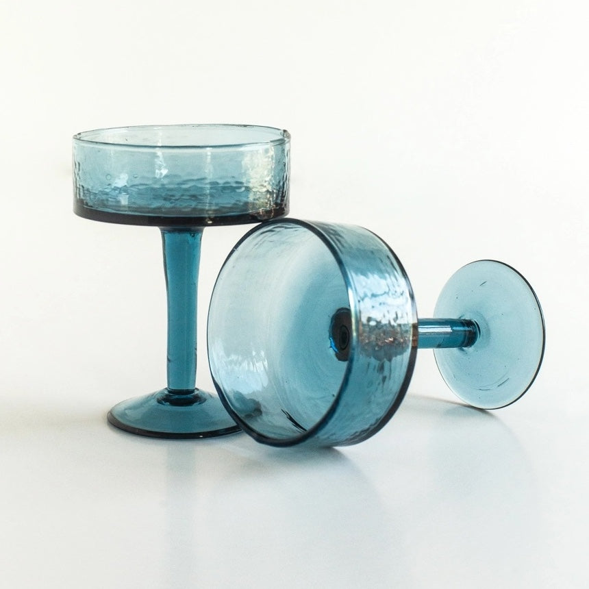 Handblown Hammered Glass Coupe Cocktail Glasses | Set of 2 | Blue