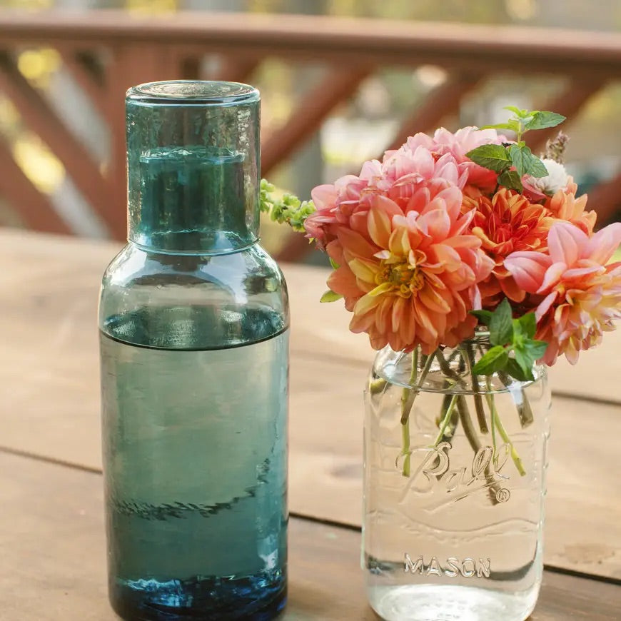 Handblown Hammered Glass Carafe + Cup | Blue