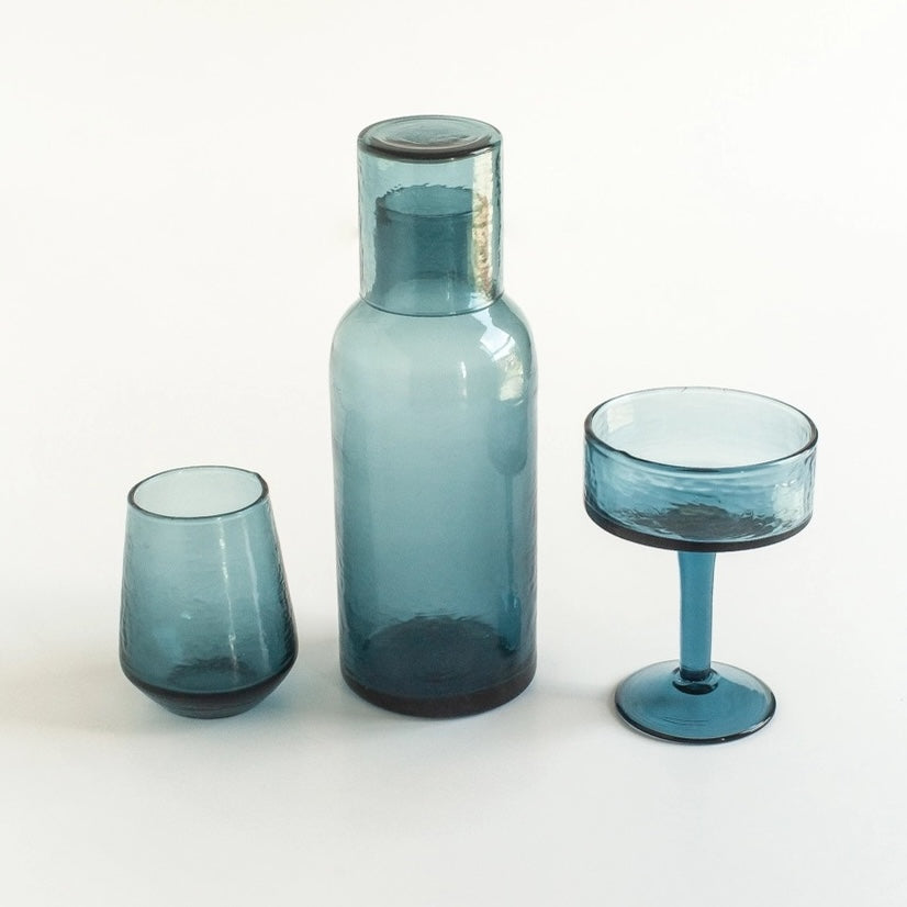 Handblown Hammered Glass Carafe + Cup | Blue