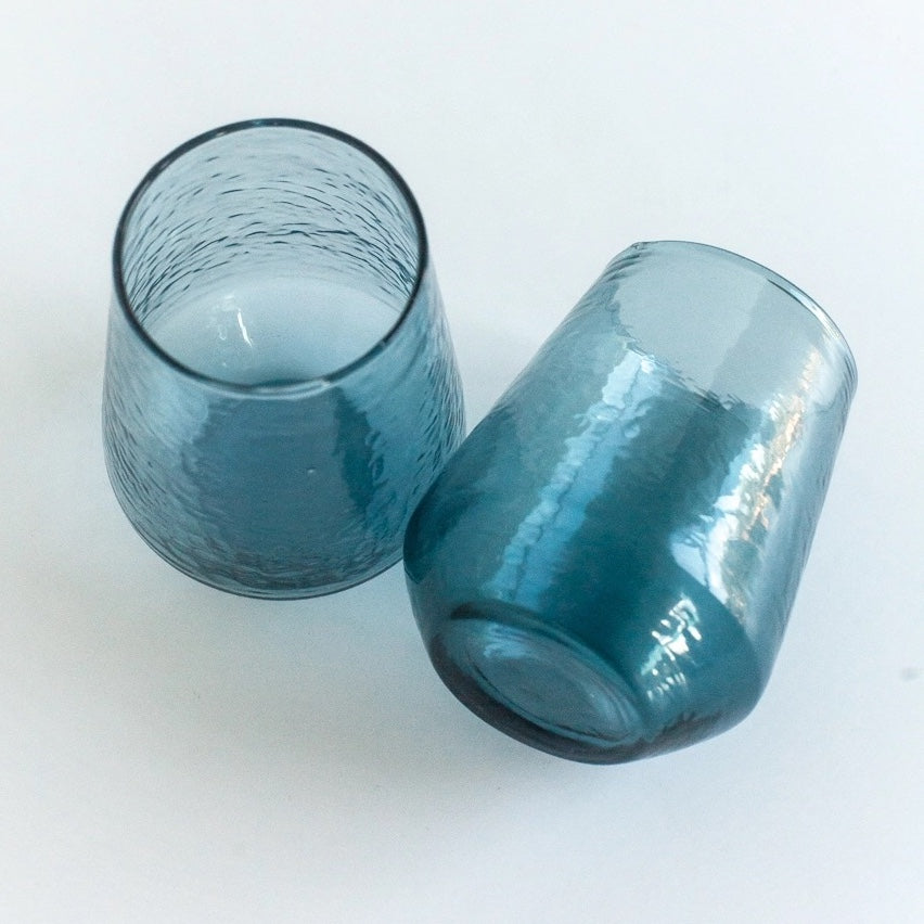 Handblown Hammered Glass Water Tumbler | Set of 2 | Blue