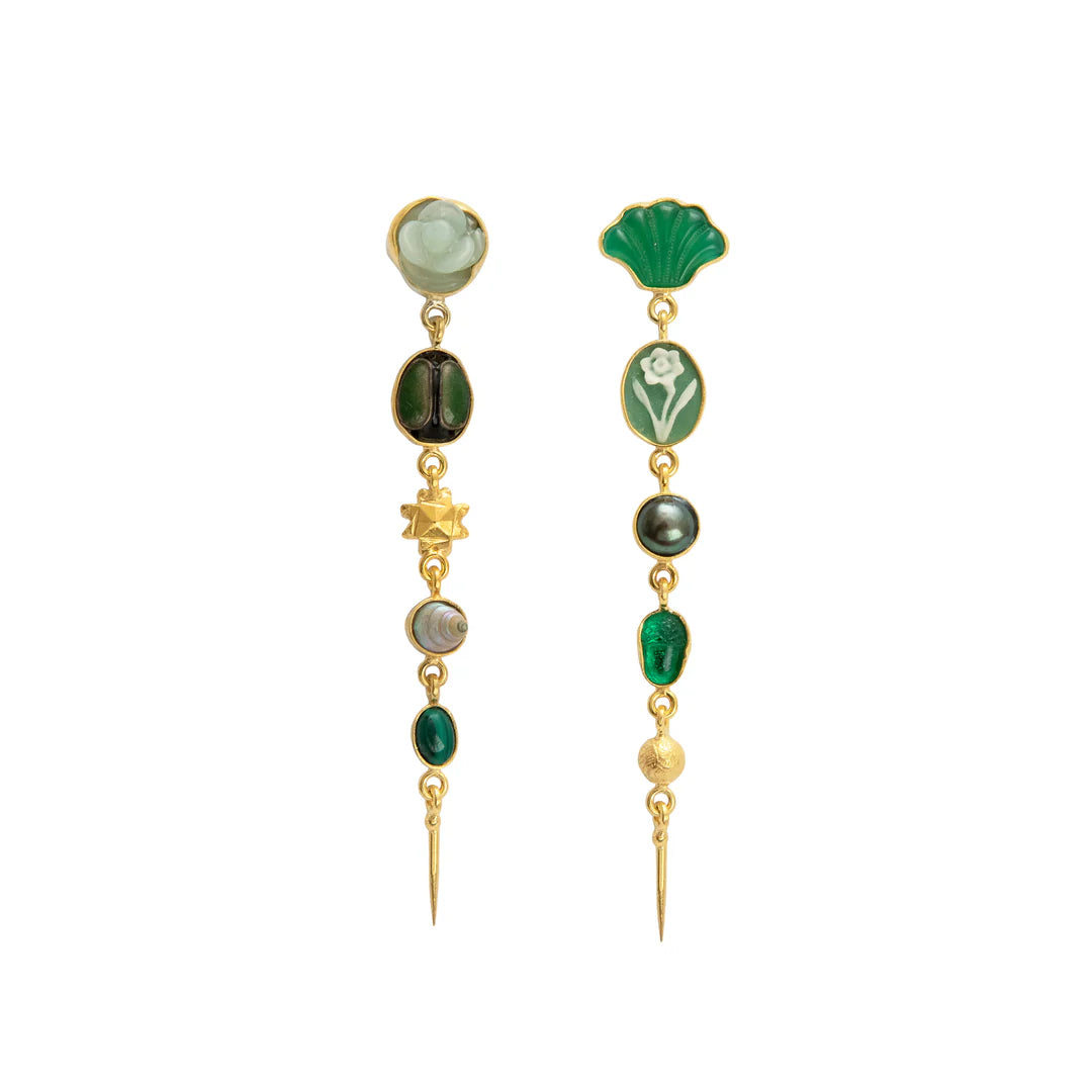 GRAINNE MORTON, FIVE CHARM VICTORIAN DROP EARRINGS, Green