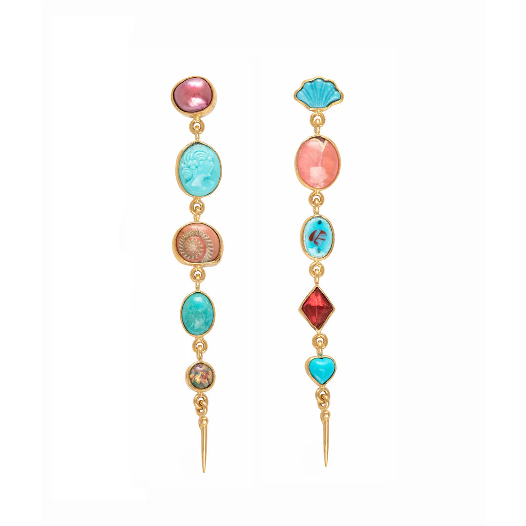 GRAINNE MORTON, FIVE CHARM VICTORIAN DROP EARRINGS, Amazonite/pearl/turquoise